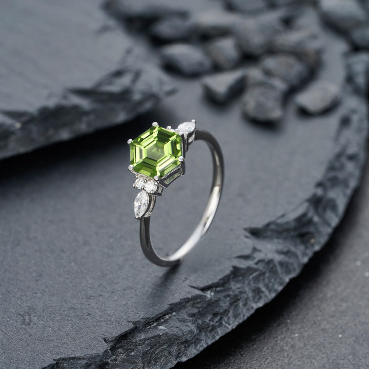Vintage Hexagon Cut Natural Peridot Engagement Ring, Unique 14K White Gold August Birthstone Peridot Wedding Anniversary Promise Ring Gift - ShainJewelry