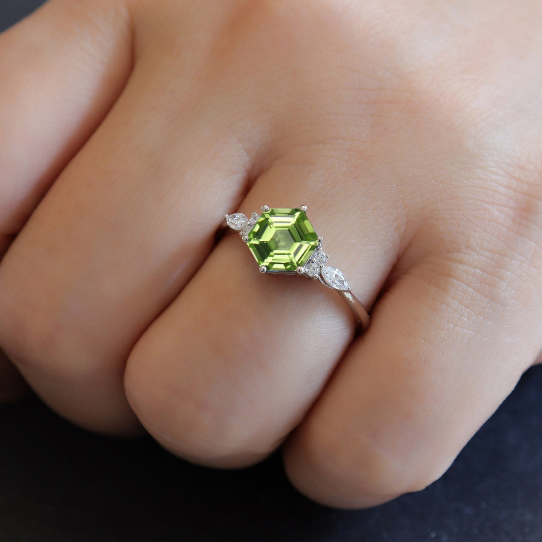 Vintage Hexagon Cut Natural Peridot Engagement Ring, Unique 14K White Gold August Birthstone Peridot Wedding Anniversary Promise Ring Gift - ShainJewelry