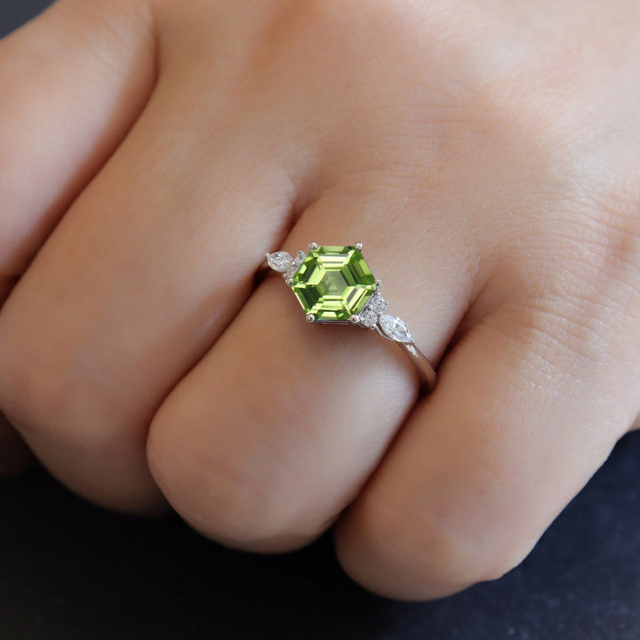 Vintage Hexagon Cut Natural Peridot Engagement Ring, Unique 14K White Gold August Birthstone Peridot Wedding Anniversary Promise Ring Gift - ShainJewelry
