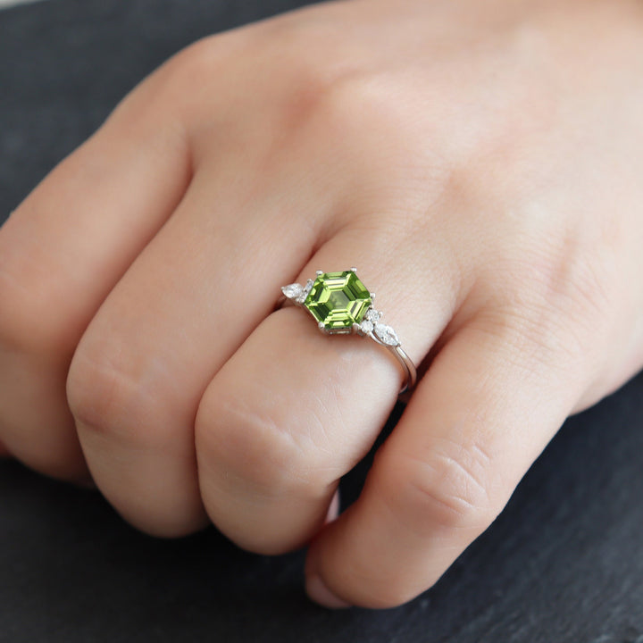 Vintage Hexagon Cut Natural Peridot Engagement Ring, Unique 14K White Gold August Birthstone Peridot Wedding Anniversary Promise Ring Gift - ShainJewelry