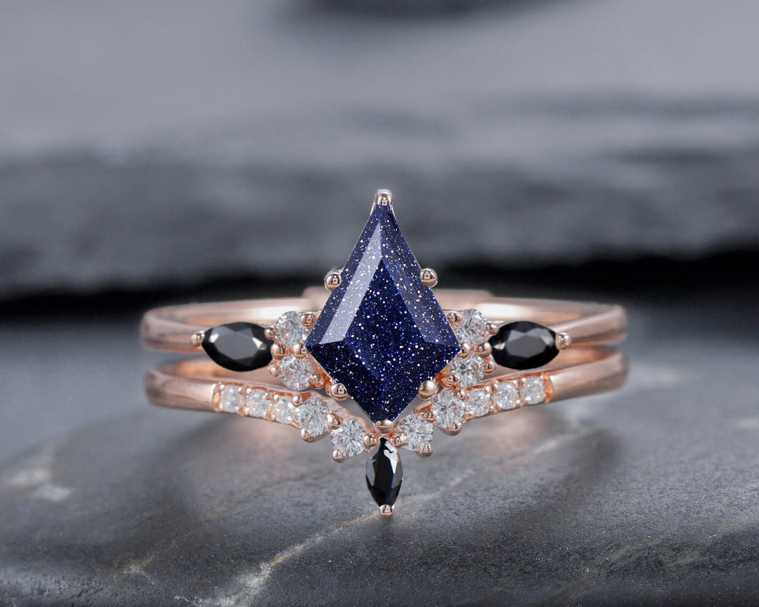 Vintage Kite Cut Blue Sandstone Moissanite Engagement Ring Set Unique 14K Rose Gold Marquise Black Onyx Promise Wedding Ring Set Bridal Set - ShainJewelry