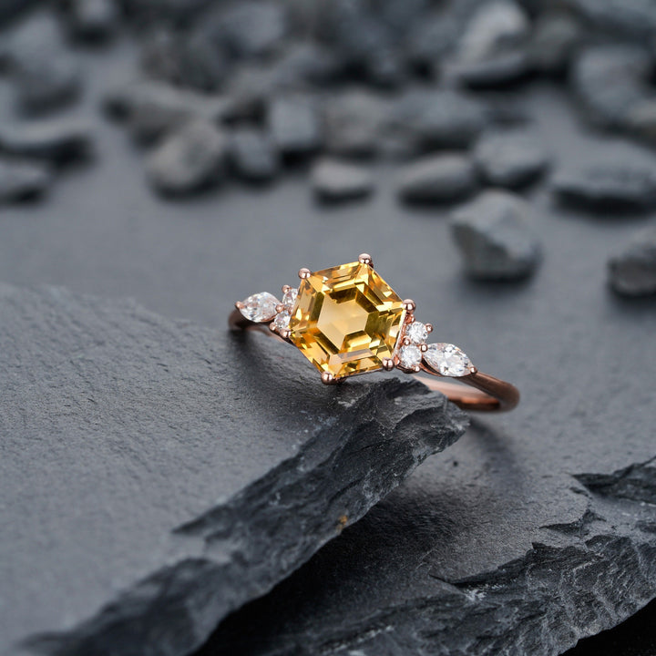 Vintage Hexagon Cut Natural Citrine Engagement Ring, Unique Marquise Moissanite Wedding Ring, 14K Rose Gold Anniversary Gift Promise Ring - ShainJewelry