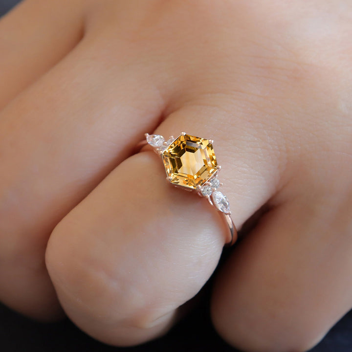 Vintage Hexagon Cut Natural Citrine Engagement Ring, Unique Marquise Moissanite Wedding Ring, 14K Rose Gold Anniversary Gift Promise Ring - ShainJewelry
