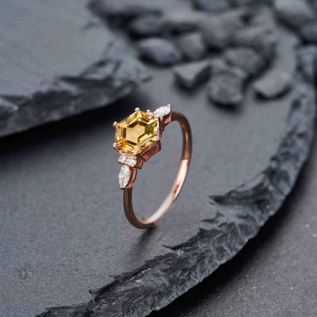 Vintage Hexagon Cut Natural Citrine Engagement Ring, Unique Marquise Moissanite Wedding Ring, 14K Rose Gold Anniversary Gift Promise Ring - ShainJewelry
