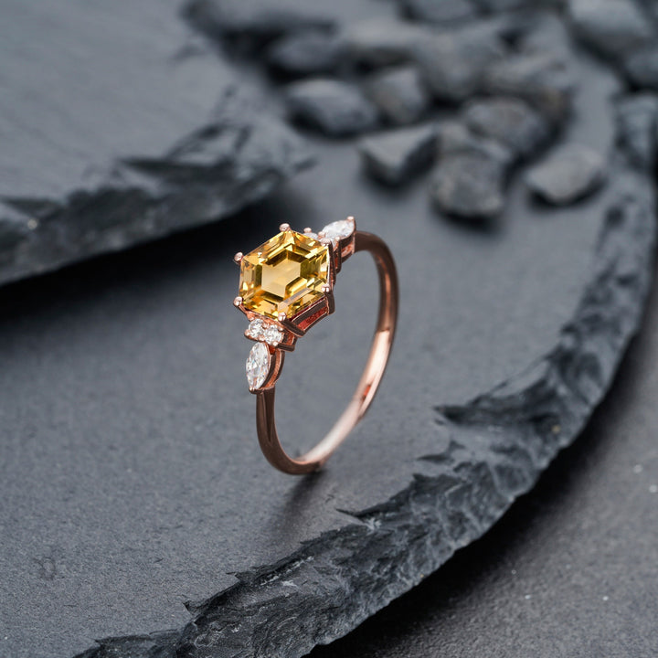 Vintage Hexagon Cut Natural Citrine Engagement Ring, Unique Marquise Moissanite Wedding Ring, 14K Rose Gold Anniversary Gift Promise Ring - ShainJewelry