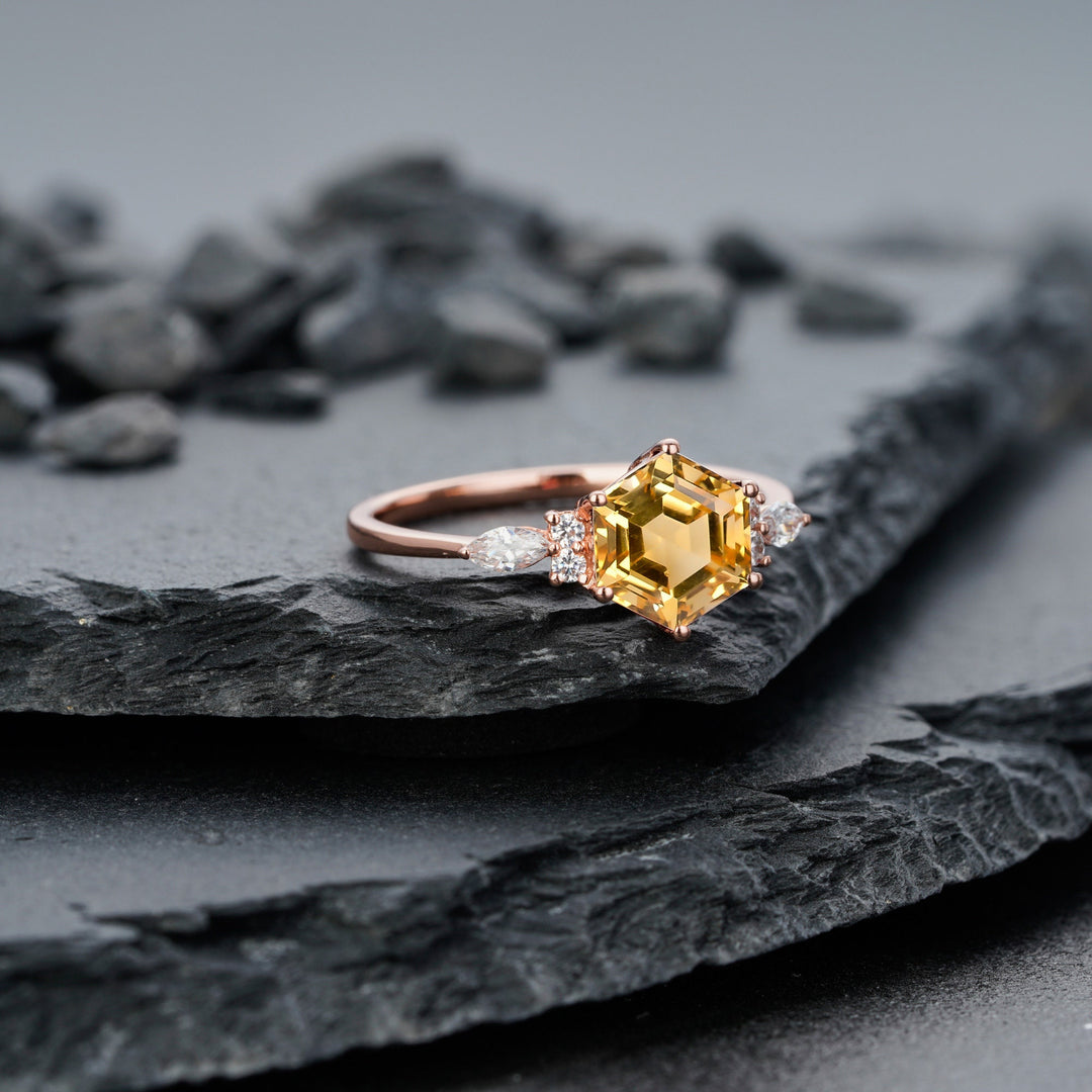 Vintage Hexagon Cut Natural Citrine Engagement Ring, Unique Marquise Moissanite Wedding Ring, 14K Rose Gold Anniversary Gift Promise Ring - ShainJewelry