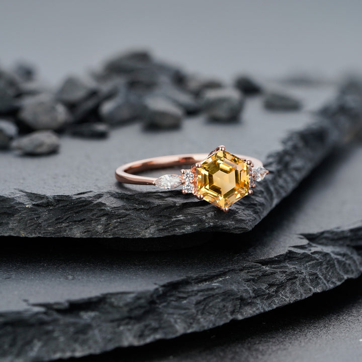 Vintage Hexagon Cut Natural Citrine Engagement Ring, Unique Marquise Moissanite Wedding Ring, 14K Rose Gold Anniversary Gift Promise Ring - ShainJewelry