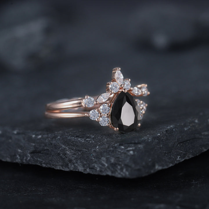 Vintage Black Onyx and Moissanite Engagement Ring Set, 14K Rose Gold or Silver Pear Black Gemstone Wedding Bridal Set Promise Ring for her - ShainJewelry