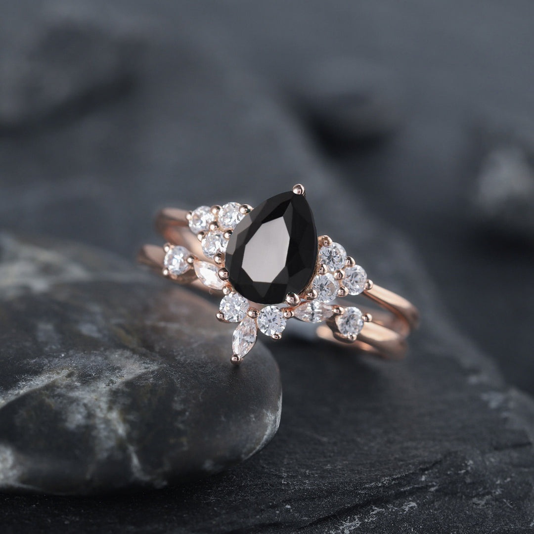 Vintage Black Onyx and Moissanite Engagement Ring Set, 14K Rose Gold or Silver Pear Black Gemstone Wedding Bridal Set Promise Ring for her - ShainJewelry