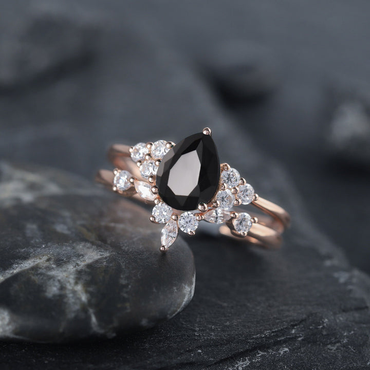 Vintage Black Onyx and Moissanite Engagement Ring Set, 14K Rose Gold or Silver Pear Black Gemstone Wedding Bridal Set Promise Ring for her - ShainJewelry
