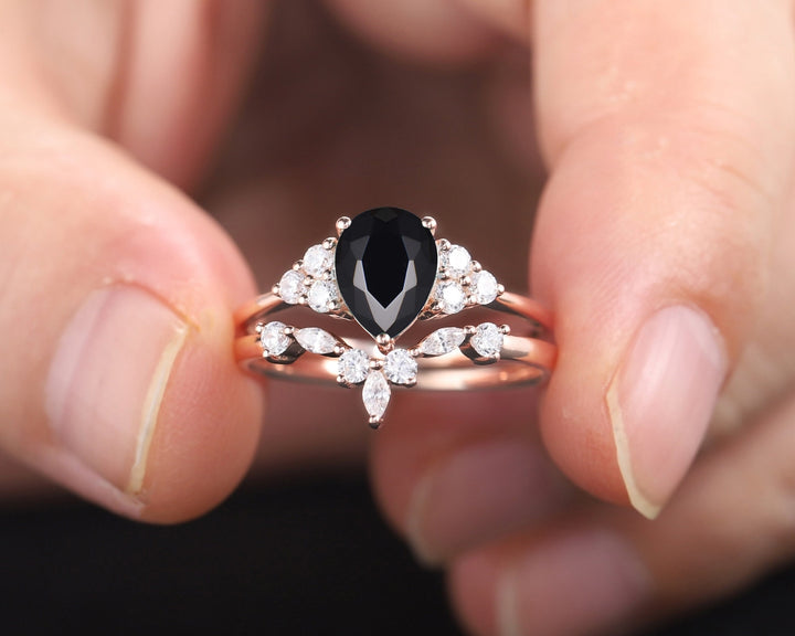 Vintage Black Onyx and Moissanite Engagement Ring Set, 14K Rose Gold or Silver Pear Black Gemstone Wedding Bridal Set Promise Ring for her - ShainJewelry