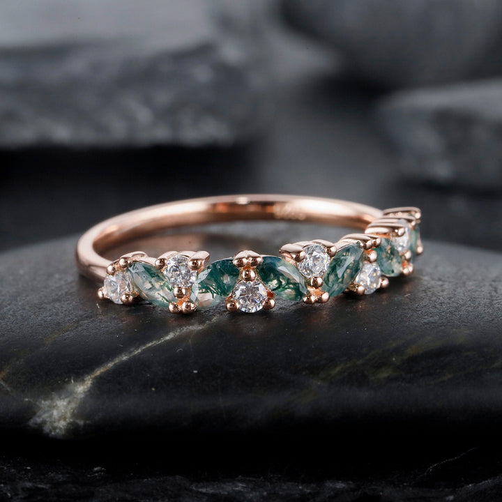 Vintage Marquise Cut Moss Agate Engagement Band, Half Eternity Wedding Band, Promise Ring Enhancer Unique Rose Gold Matching Band for Women - ShainJewelry