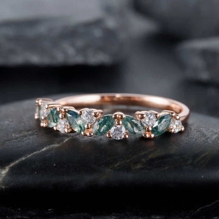 Vintage Marquise Cut Moss Agate Engagement Band, Half Eternity Wedding Band, Promise Ring Enhancer Unique Rose Gold Matching Band for Women - ShainJewelry