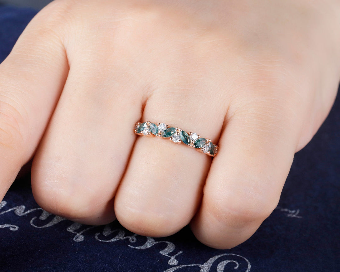 Vintage Marquise Cut Moss Agate Engagement Band, Half Eternity Wedding Band, Promise Ring Enhancer Unique Rose Gold Matching Band for Women - ShainJewelry