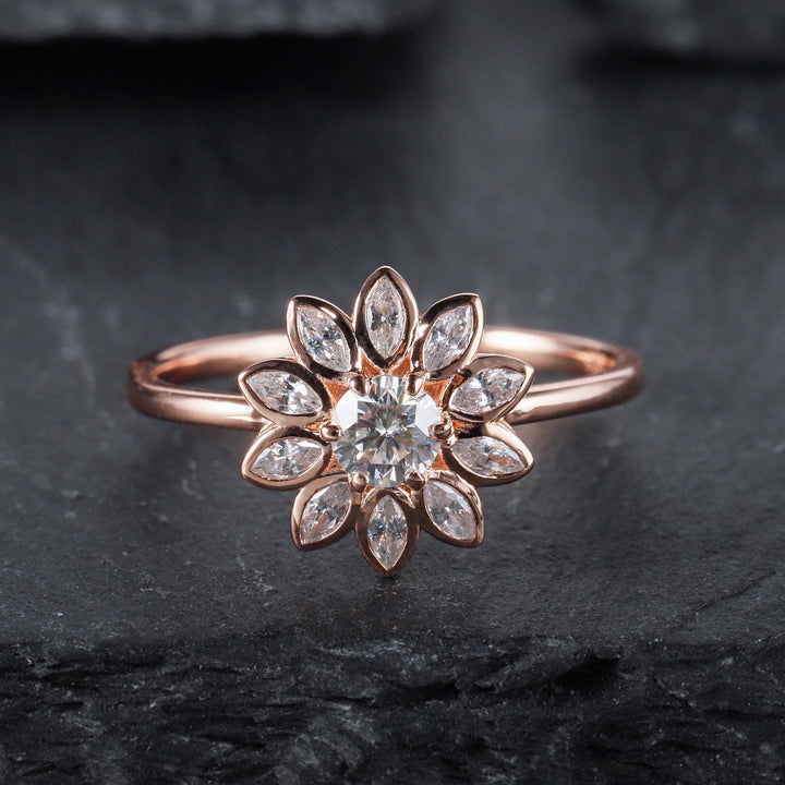 Vintage Sunflower Moissanite Engagement Ring Solid Rose Gold Bezel Setting Marquise Cut Round Moissanite Wedding Anniversary Promise Ring - ShainJewelry