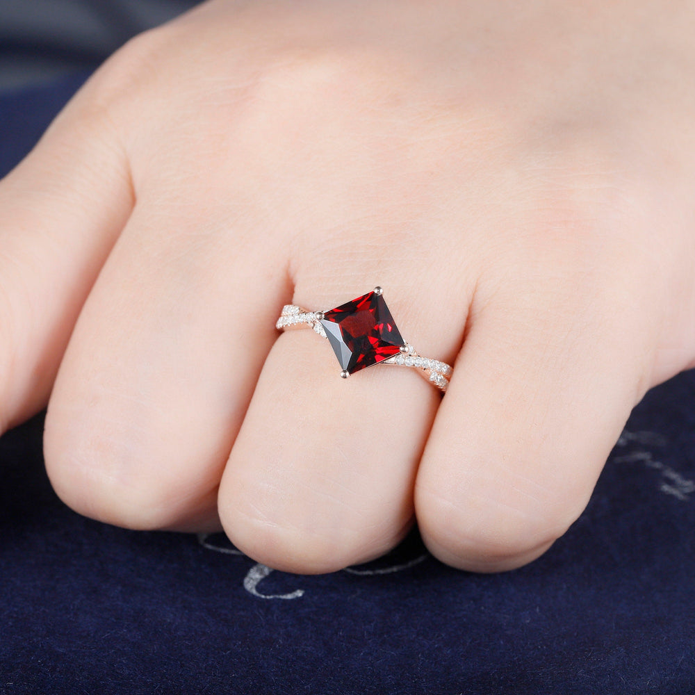 Princess Cut Garnet Diamond Engagement Ring Vintage January Birthstone Moissanite Twist Band Wedding Ring Rose Gold Promise Ring For Women - ShainJewelry