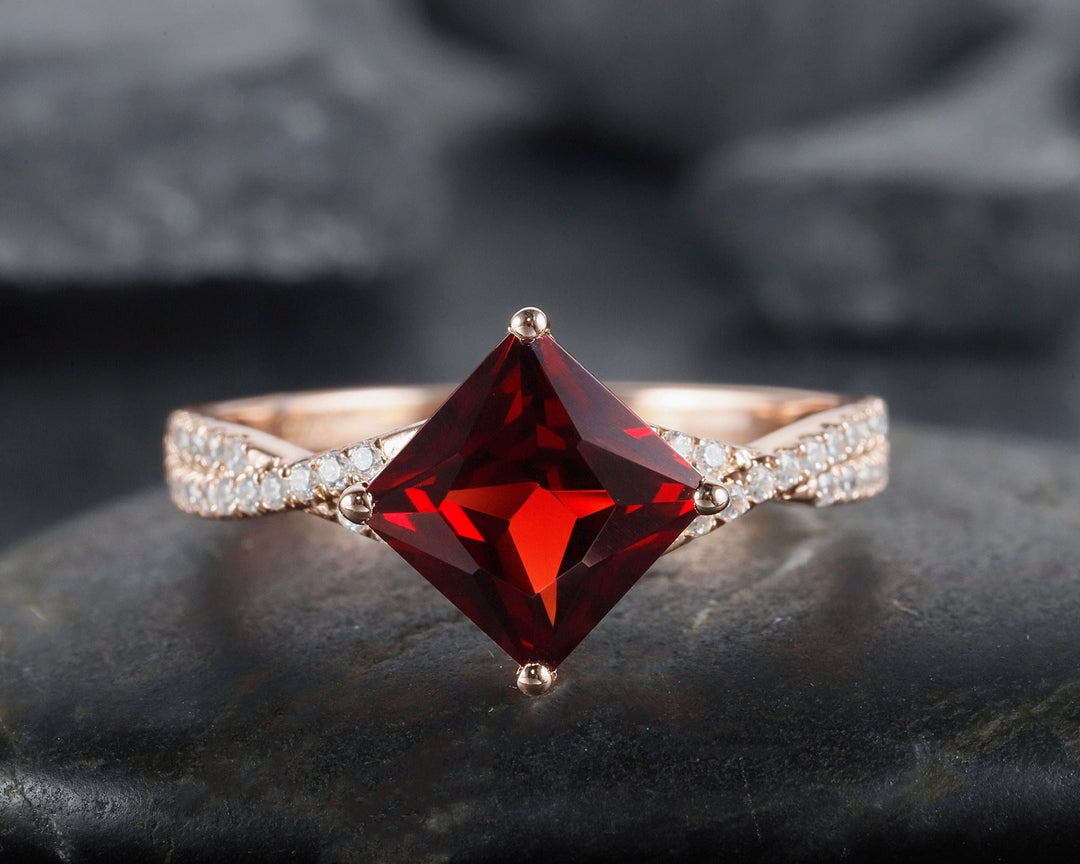 Princess Cut Garnet Diamond Engagement Ring Vintage January Birthstone Moissanite Twist Band Wedding Ring Rose Gold Promise Ring For Women - ShainJewelry