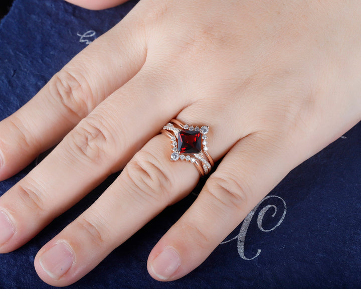 Unique Natural Princess Cut Red Garnet Engagement Ring Set, Vintage Twist Band Halo Wedding Ring 14K Rose Gold Promise Ring for her Women - ShainJewelry