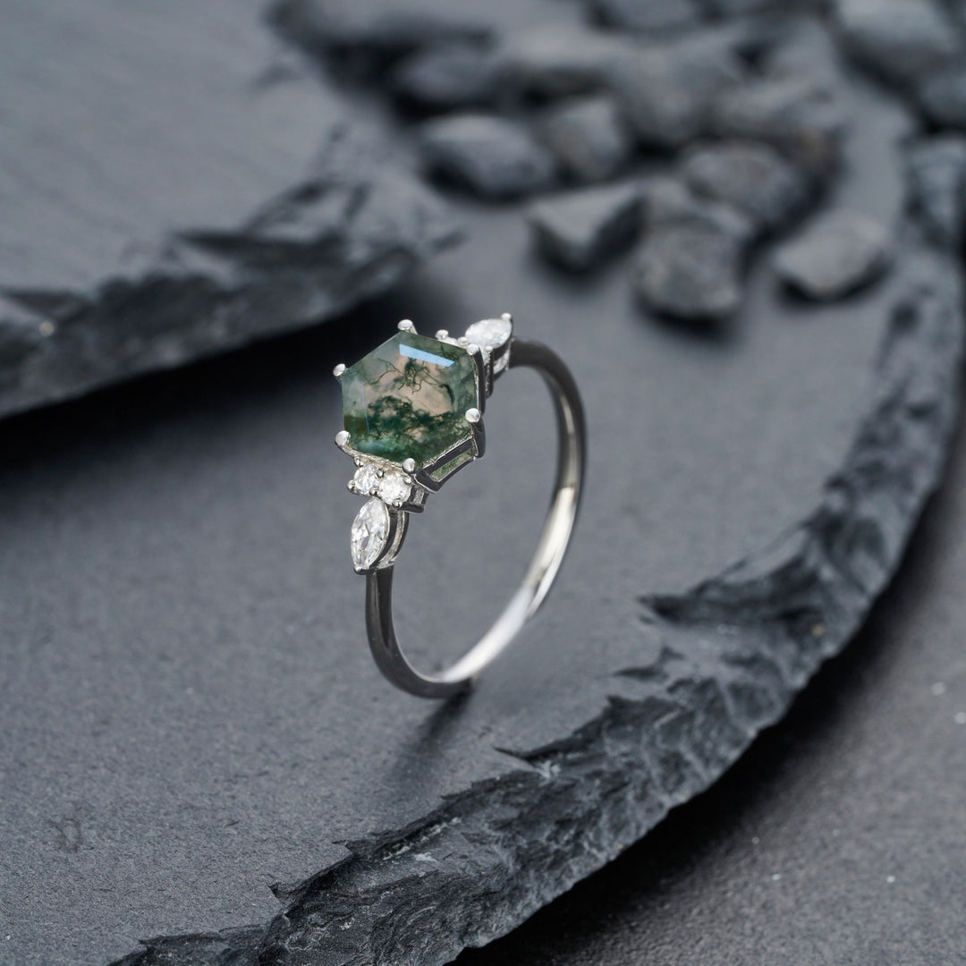 Unique Hexagon Green Tree Moss Agate Engagement Ring, Vintage White Gold Sterling Silver Moss Agate Promise Ring Moss Agate Wedding Ring - ShainJewelry