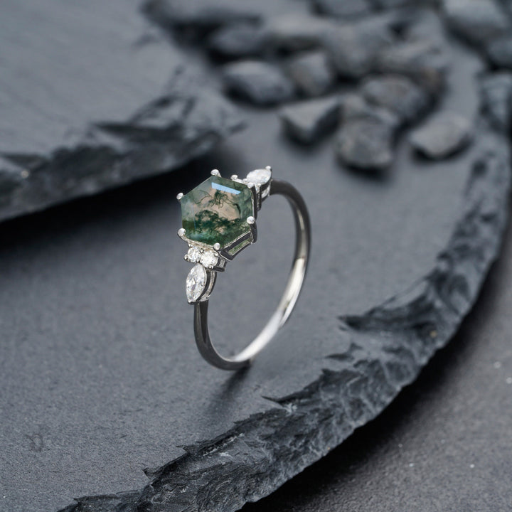 Unique Hexagon Green Tree Moss Agate Engagement Ring, Vintage White Gold Sterling Silver Moss Agate Promise Ring Moss Agate Wedding Ring - ShainJewelry