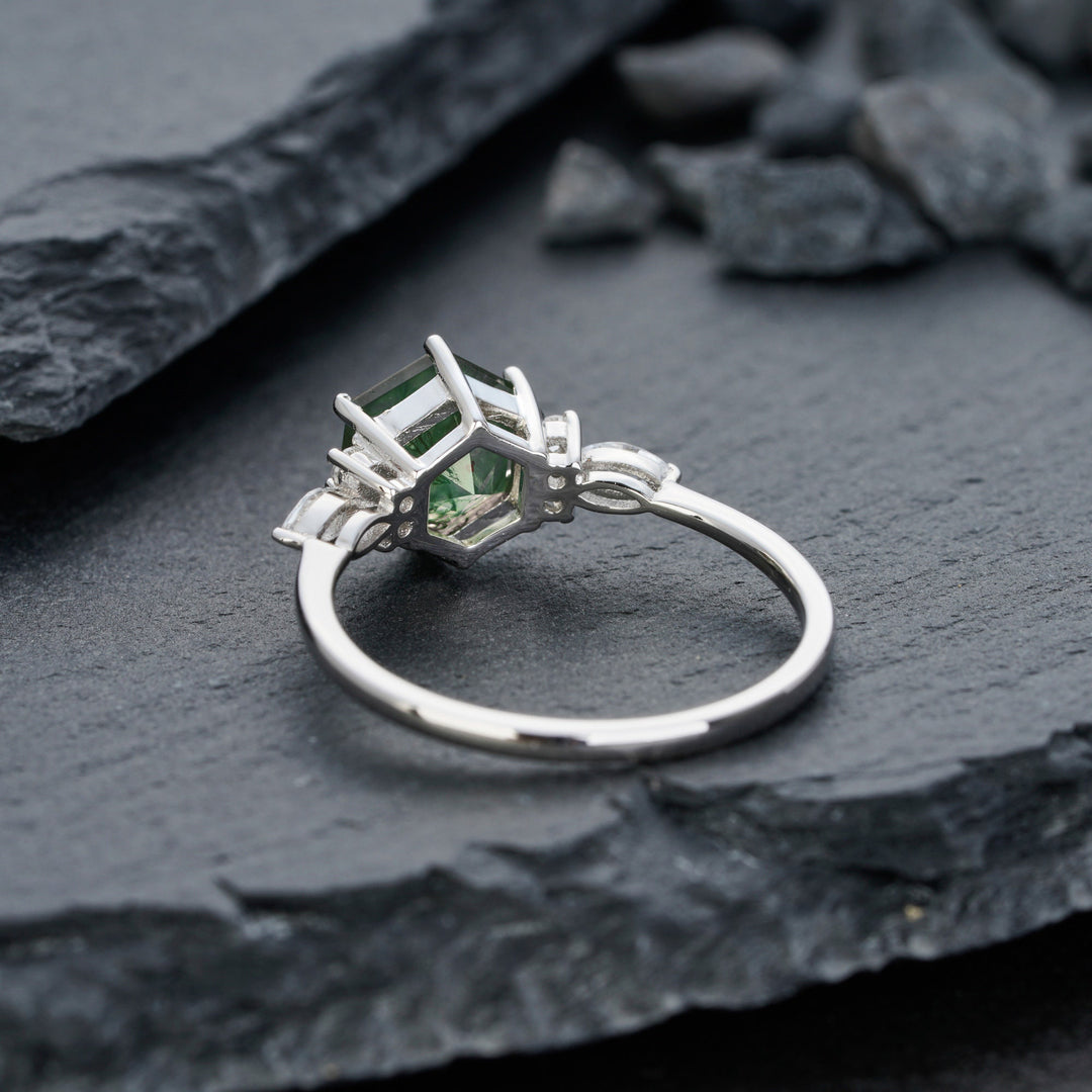 Unique Hexagon Green Tree Moss Agate Engagement Ring, Vintage White Gold Sterling Silver Moss Agate Promise Ring Moss Agate Wedding Ring - ShainJewelry