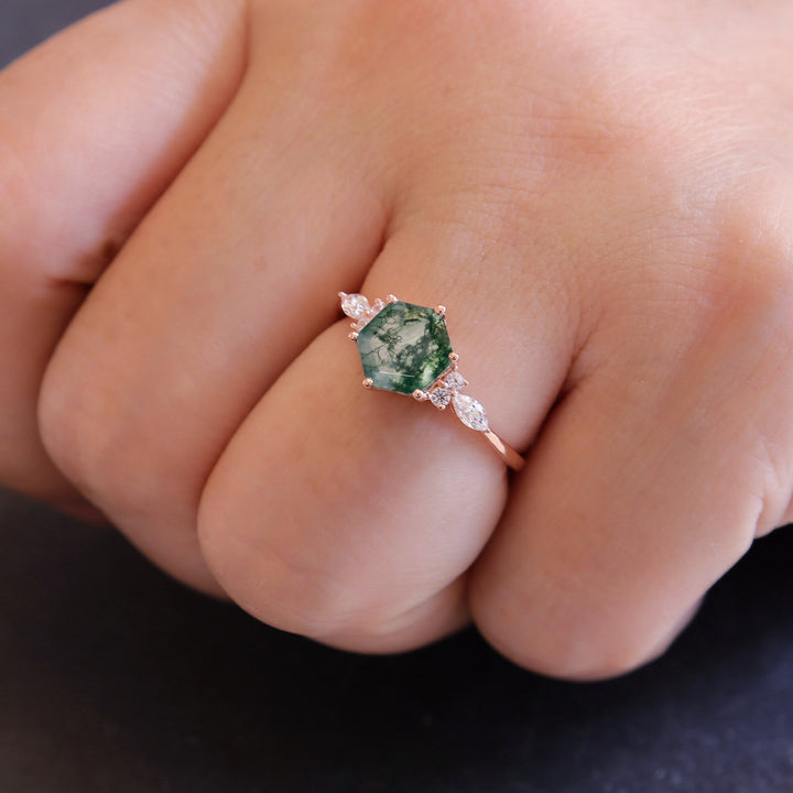 Unique Hexagon Green Tree Moss Agate Engagement Ring, Vintage White Gold Sterling Silver Moss Agate Promise Ring Moss Agate Wedding Ring - ShainJewelry