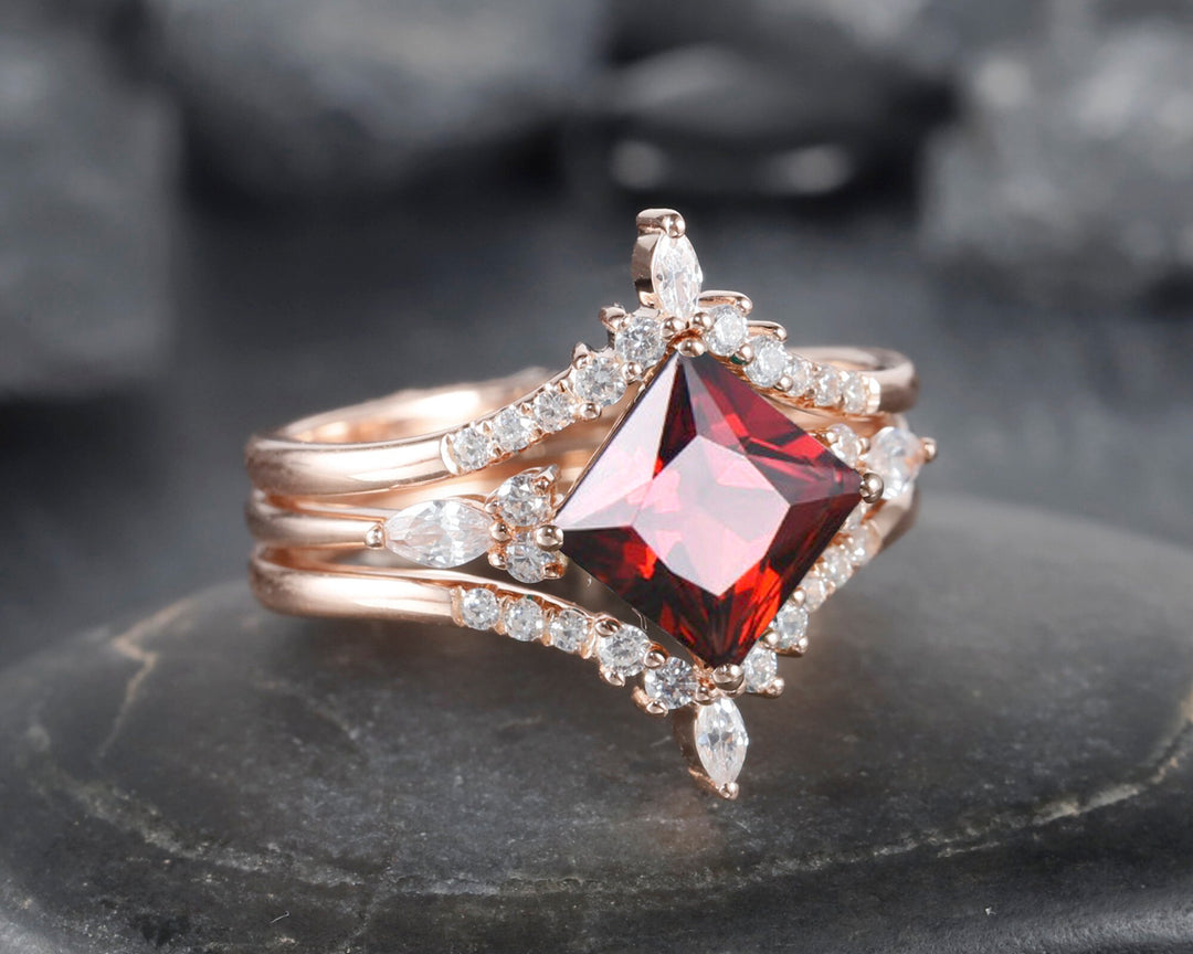 Princess Cut Garnet Moissanite Bridal Set Unique January Birthstone Engagement Ring Set Vintage Wedding Set Rose Gold Promise Ring for Her - ShainJewelry