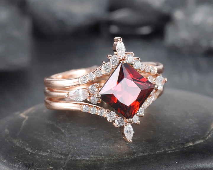 Princess Cut Garnet Moissanite Bridal Set Unique January Birthstone Engagement Ring Set Vintage Wedding Set Rose Gold Promise Ring for Her - ShainJewelry