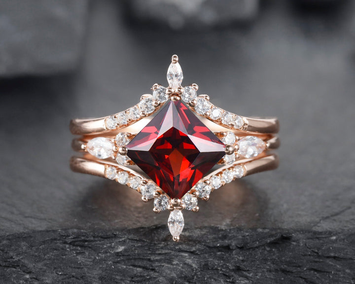Princess Cut Garnet Moissanite Bridal Set Unique January Birthstone Engagement Ring Set Vintage Wedding Set Rose Gold Promise Ring for Her - ShainJewelry