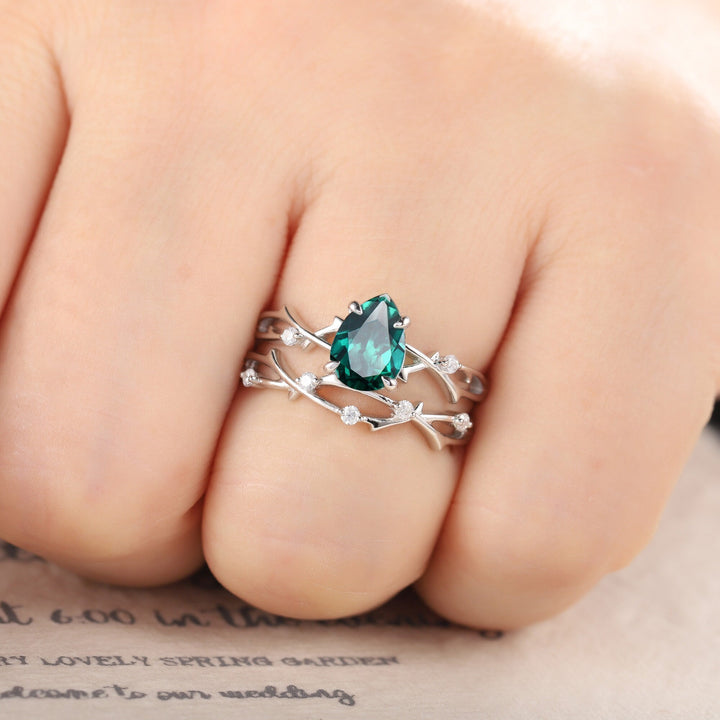 Platinum Pear Cut Emerald and Diamond Engagement Ring Set 14K White Gold Moissanite Branch Twig Promise Wedding Ring Bridal Set For Women - ShainJewelry