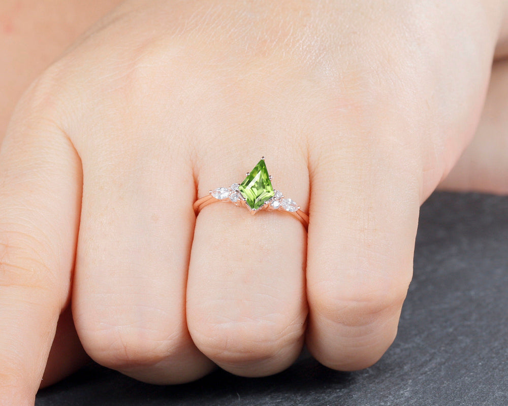 Vintage Kite Cut Peridot and Moissanite Engagement Ring Set, Unique 14K Rose Gold Marquise Cut Diamond Promise Wedding Ring Set Bridal Set - ShainJewelry