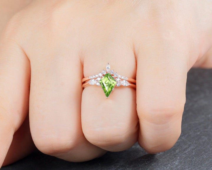 Vintage Kite Cut Peridot and Moissanite Engagement Ring Set, Unique 14K Rose Gold Marquise Cut Diamond Promise Wedding Ring Set Bridal Set - ShainJewelry