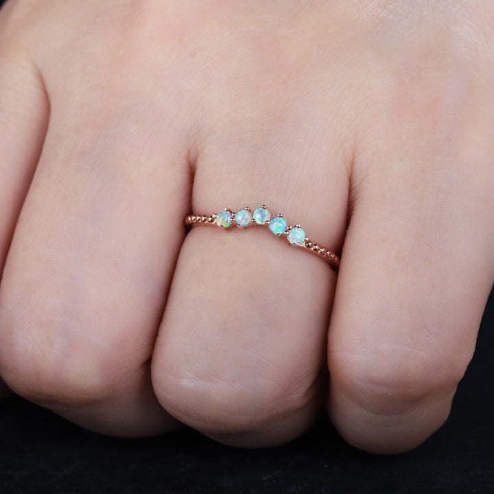 Milgrain V Shape Australian Blue Fire Opal Wedding Band, Unique 14K 18K Rose Gold Ring Enhancer Nesting Band Vintage Matching Band for Women - ShainJewelry