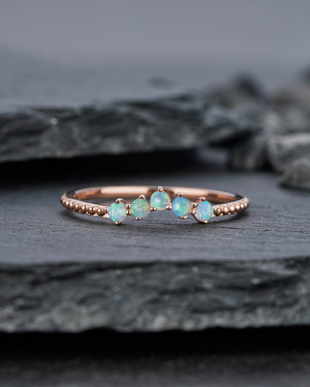 Milgrain V Shape Australian Blue Fire Opal Wedding Band, Unique 14K 18K Rose Gold Ring Enhancer Nesting Band Vintage Matching Band for Women - ShainJewelry
