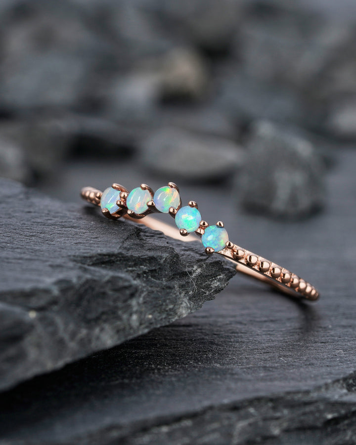 Milgrain V Shape Australian Blue Fire Opal Wedding Band, Unique 14K 18K Rose Gold Ring Enhancer Nesting Band Vintage Matching Band for Women - ShainJewelry