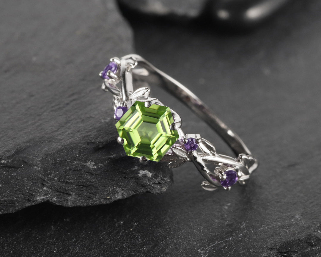 Vintage Hexagon Cut Peridot Amethyst Leaf Engagement Ring Dainty Twisted Promise Ring Unique White Gold August Birthstone Wedding Ring Gift - ShainJewelry