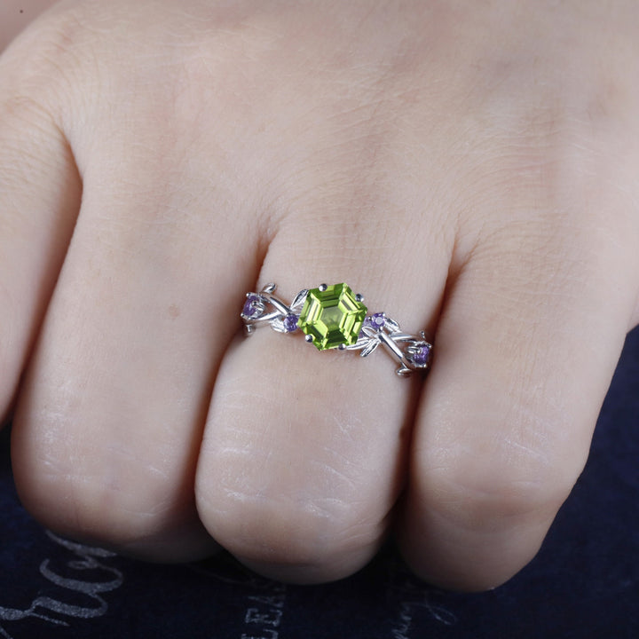 Vintage Hexagon Cut Peridot Amethyst Leaf Engagement Ring Dainty Twisted Promise Ring Unique White Gold August Birthstone Wedding Ring Gift - ShainJewelry