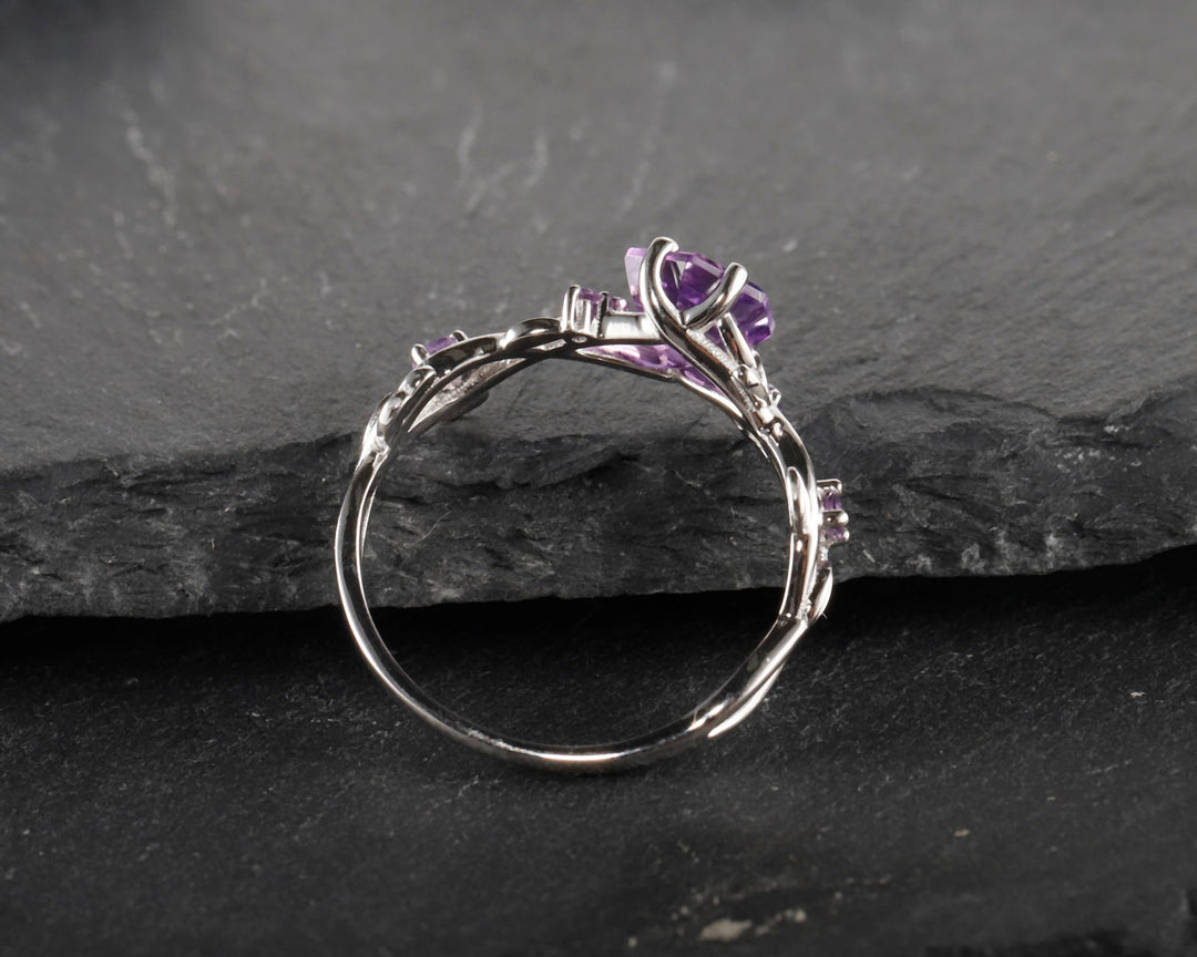 Vintage Hexagon Cut Amethyst Leaf Engagement Ring, Dainty Twist Branch Amethyst Promise Ring, Unique Rose Gold Purple Amethyst Wedding Ring - ShainJewelry