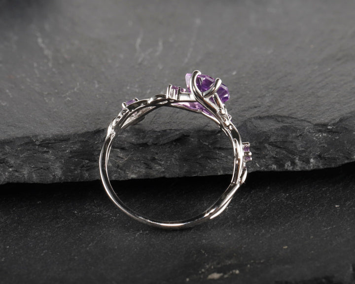 Vintage Hexagon Cut Amethyst Leaf Engagement Ring, Dainty Twist Branch Amethyst Promise Ring, Unique Rose Gold Purple Amethyst Wedding Ring - ShainJewelry