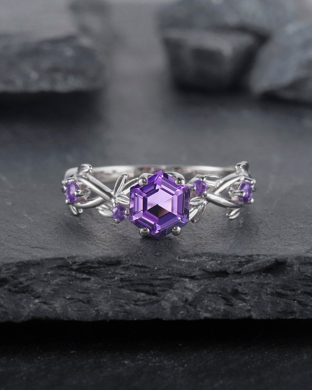 Vintage Hexagon Cut Amethyst Leaf Engagement Ring, Dainty Twist Branch Amethyst Promise Ring, Unique Rose Gold Purple Amethyst Wedding Ring - ShainJewelry