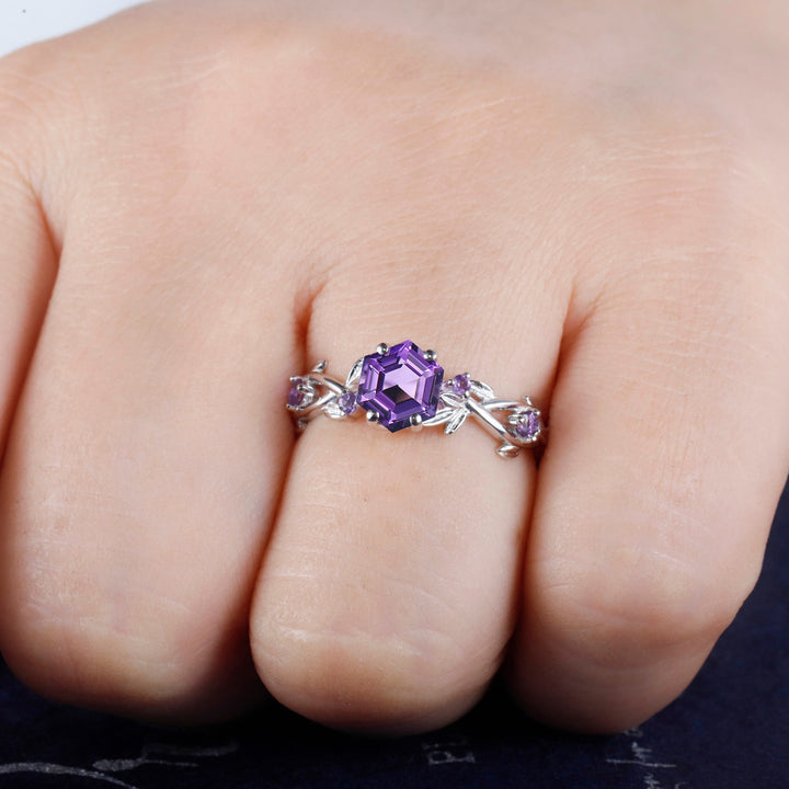 Vintage Hexagon Cut Amethyst Leaf Engagement Ring, Dainty Twist Branch Amethyst Promise Ring, Unique Rose Gold Purple Amethyst Wedding Ring - ShainJewelry