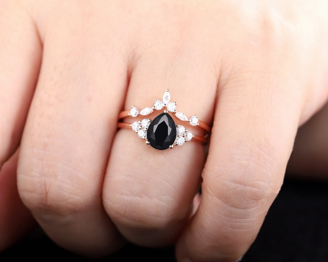 Vintage Black Onyx and Moissanite Engagement Ring Set, 14K Rose Gold or Silver Pear Black Gemstone Wedding Bridal Set Promise Ring for her - ShainJewelry