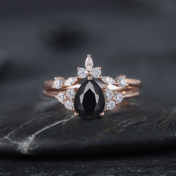 Vintage Black Onyx and Moissanite Engagement Ring Set, 14K Rose Gold or Silver Pear Black Gemstone Wedding Bridal Set Promise Ring for her - ShainJewelry