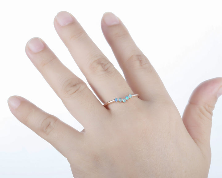 V Shaped Natural Australian Blue Fire Opal Wedding Band, Unique 14K 18K Rose Gold Ring Enhancer Nesting Band Vintage Straight Matching Band - ShainJewelry