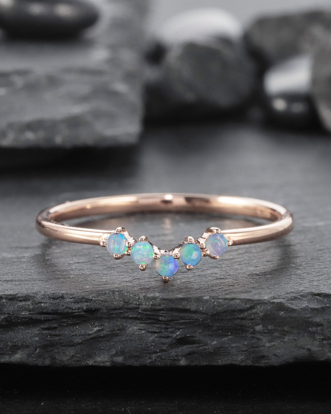 V Shaped Natural Australian Blue Fire Opal Wedding Band, Unique 14K 18K Rose Gold Ring Enhancer Nesting Band Vintage Straight Matching Band - ShainJewelry