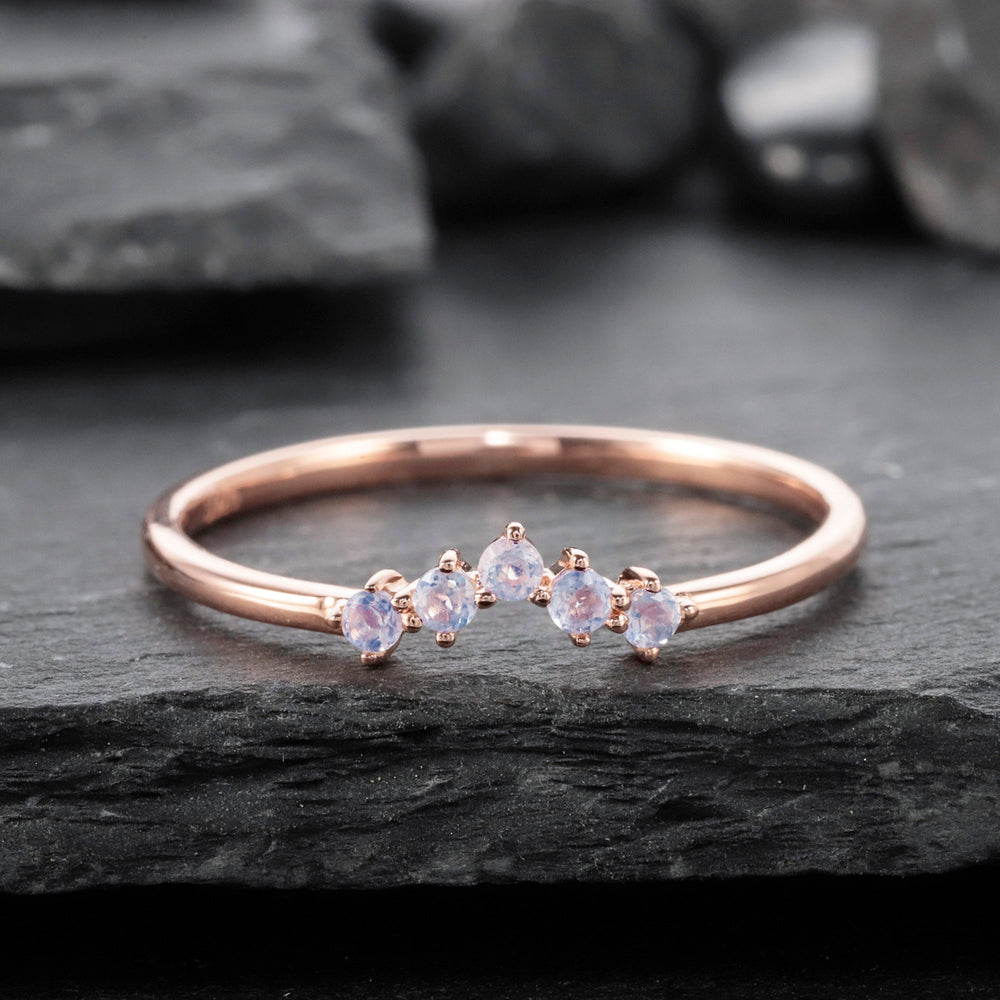 V Shaped Moonstone Wedding Band Rose Gold Stackable Ring Enhancer Nesting Band Vintage Matching Band for Women, Art Deco Anniversary Ring - ShainJewelry