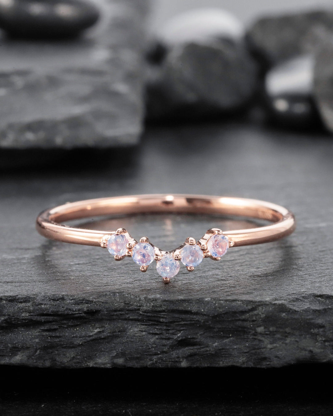 V Shaped Moonstone Wedding Band Rose Gold Stackable Ring Enhancer Nesting Band Vintage Matching Band for Women, Art Deco Anniversary Ring - ShainJewelry