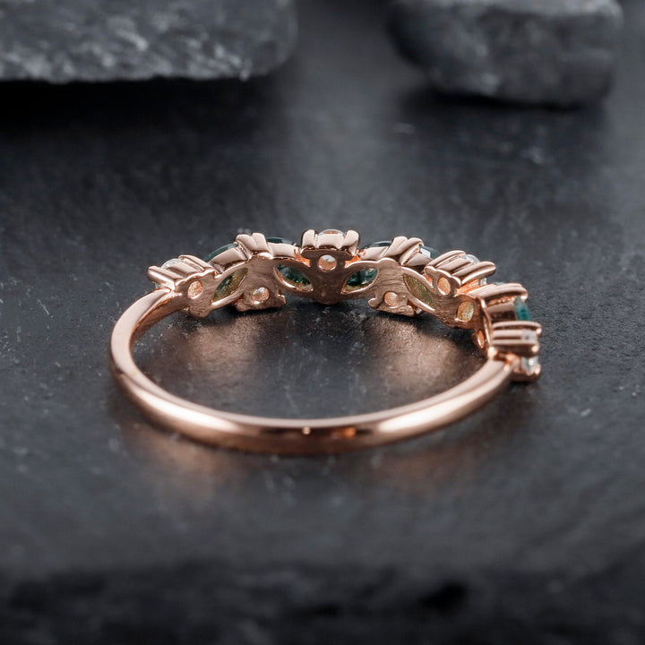 Vintage Marquise Cut Moss Agate Engagement Band, Half Eternity Wedding Band, Promise Ring Enhancer Unique Rose Gold Matching Band for Women - ShainJewelry