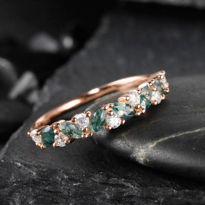 Vintage Marquise Cut Moss Agate Engagement Band, Half Eternity Wedding Band, Promise Ring Enhancer Unique Rose Gold Matching Band for Women - ShainJewelry