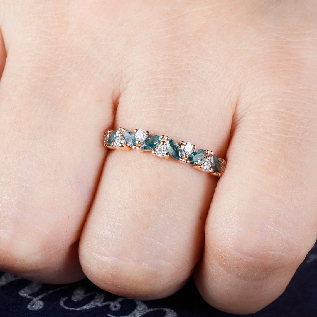 Vintage Marquise Cut Moss Agate Engagement Band, Half Eternity Wedding Band, Promise Ring Enhancer Unique Rose Gold Matching Band for Women - ShainJewelry